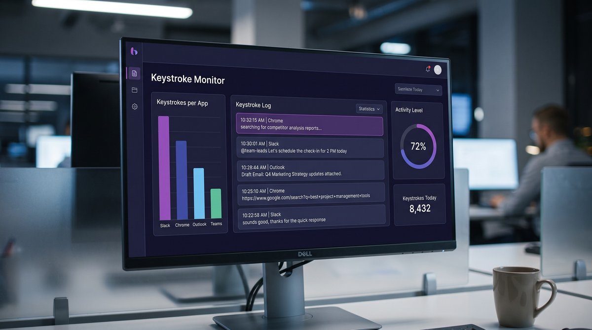 Employee keystroke monitoring dashboard showing a keystroke log, per-app keystroke counts, and an activity gauge
