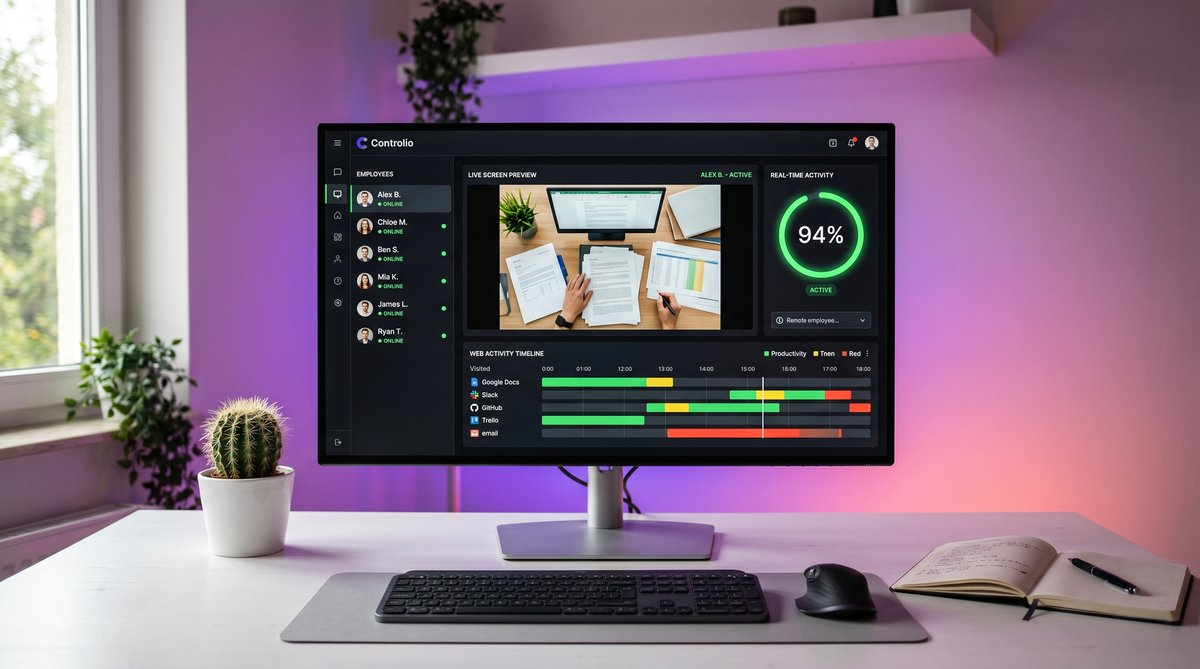 Controlio employee monitoring dashboard with live screen preview