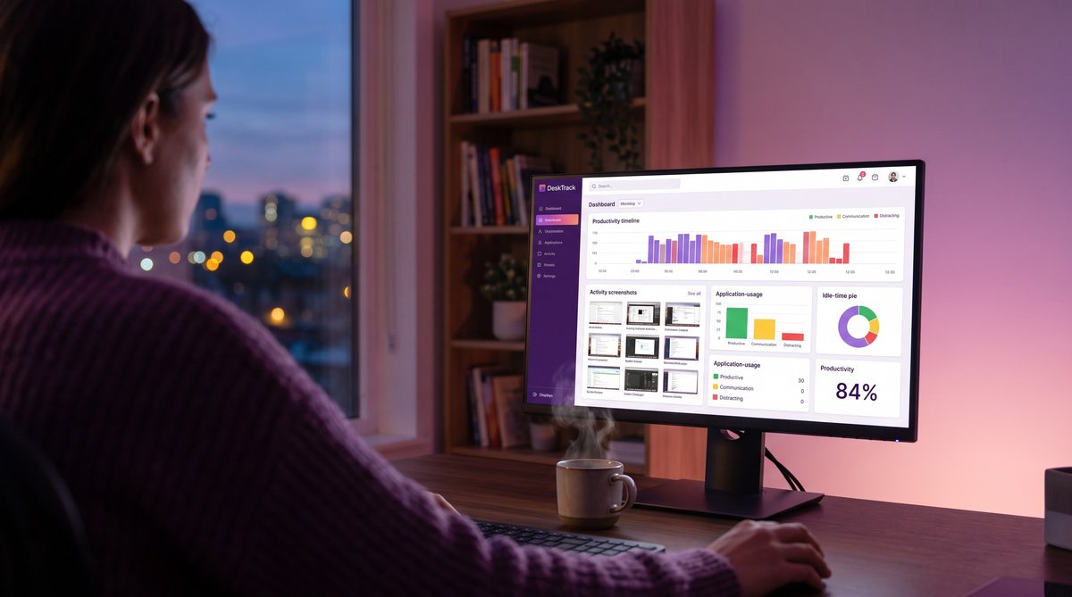 DeskTrack employee monitoring dashboard showing app usage, screenshots, and idle time