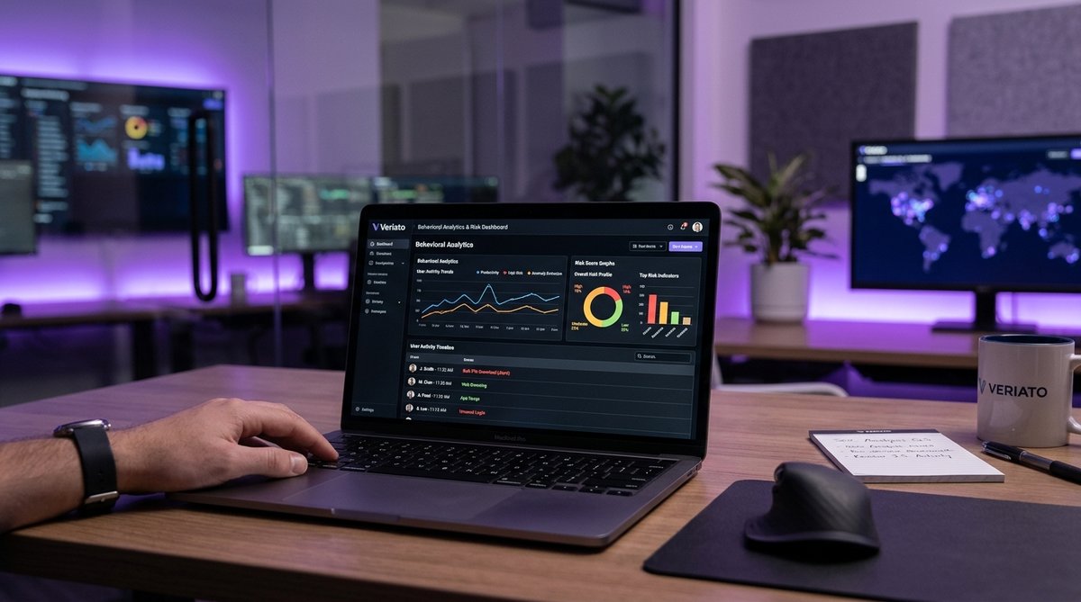 Veriato behavioral analytics monitoring dashboard on a laptop