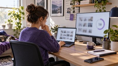 Employee reviewing screen privacy at a purple-accented home office