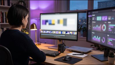Employee reviewing a screen recording timeline at a purple-lit home office desk