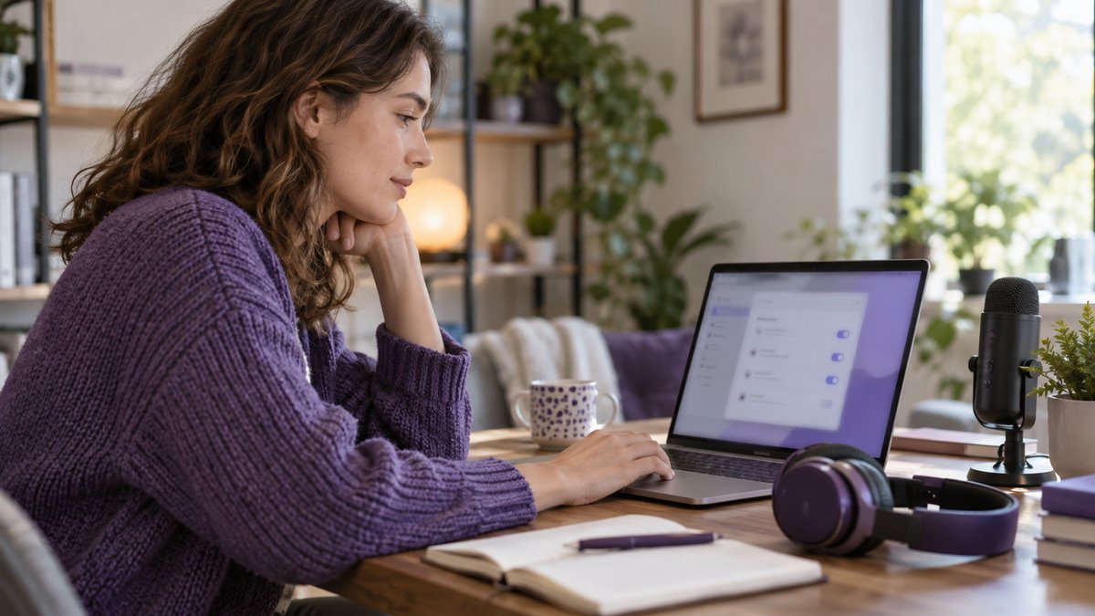 Employee checking privacy settings beside a microphone and headphones