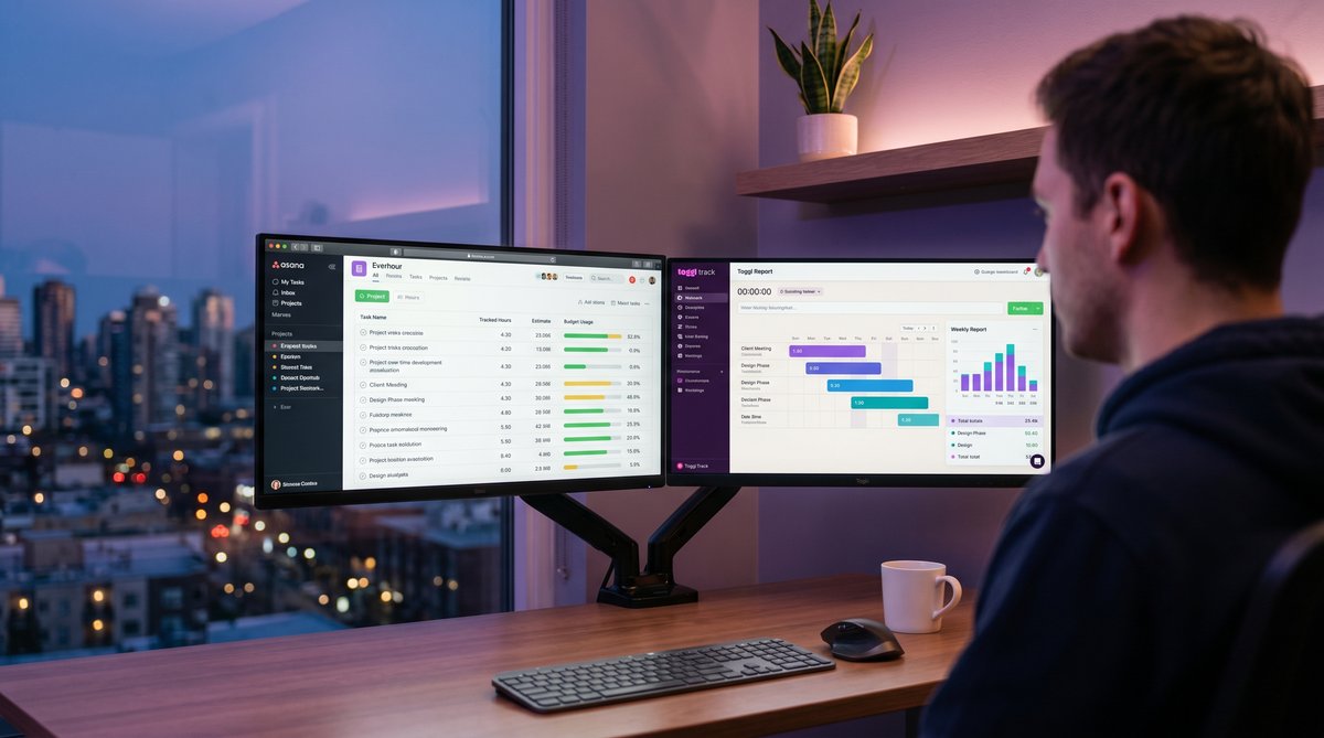 Everhour and Toggl Track dashboards compared side by side on two monitors