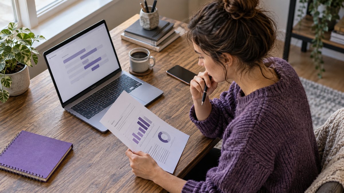 Employee comparing activity charts with written work notes at a purple-accented desk