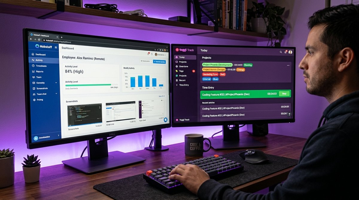 Hubstaff vs Toggl Track comparison showing monitoring and time tracking dashboards