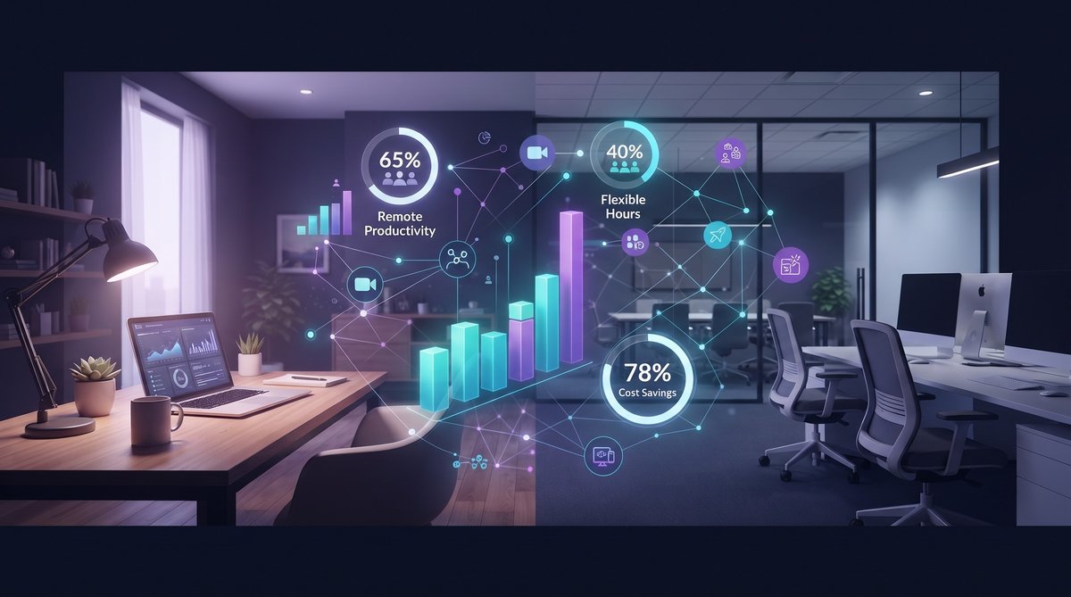 Remote worker at a home office desk with split-screen showing office vs home statistics