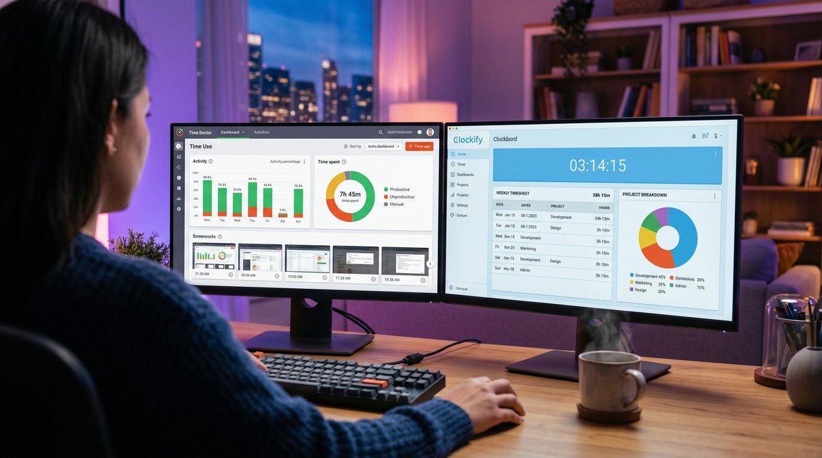 Time Doctor and Clockify dashboards compared side by side on two screens