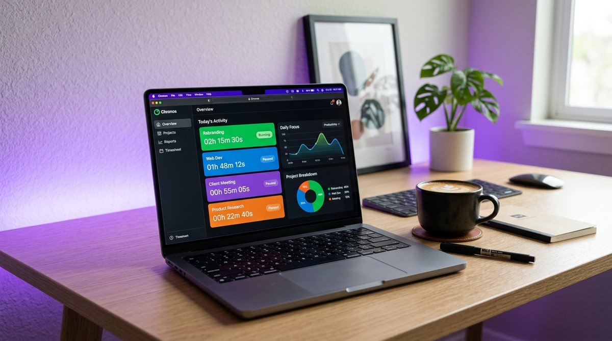 Time tracking software running on MacBook with productivity dashboard