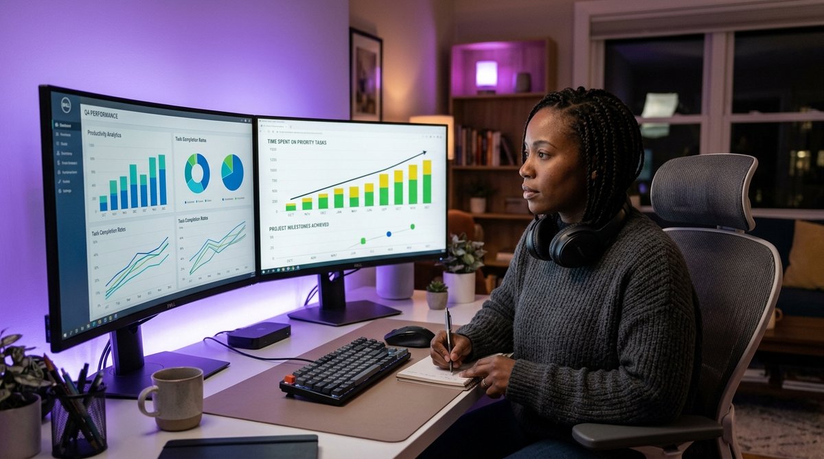 Professional using time tracking software on laptop with productivity metrics