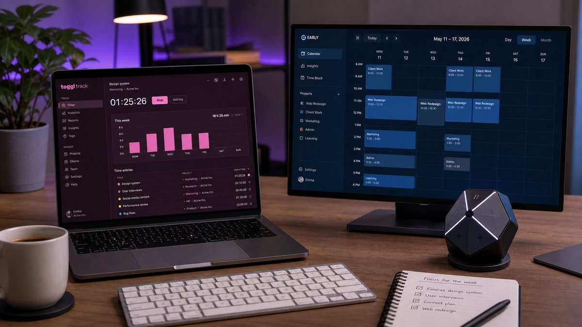 Toggl Track software timer compared with the EARLY Timeular calendar and physical tracker