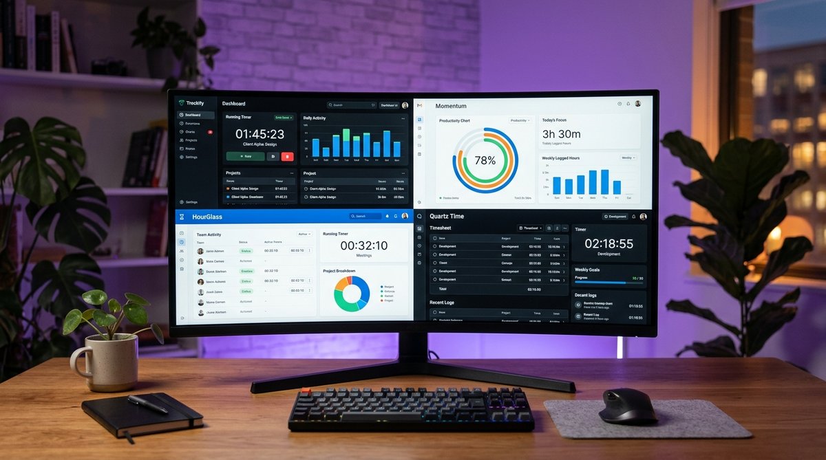 Time tracking software comparison showing multiple app interfaces